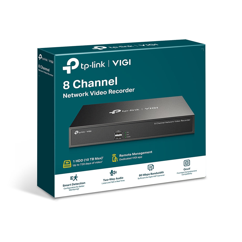 GRABADORA TPLINK VIGI NVR1008H / 8 CANALES /H.265 PLUS / ONVIF/SOPORTA 1 DISCO HASTA 10T